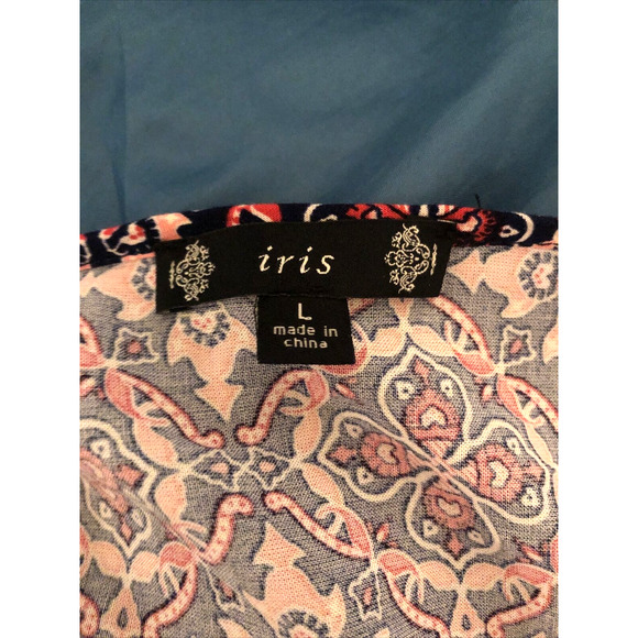 IRIS Pink Navy Print 3/4 Sleeve V-Neck Rayon Shift Mini Dress Tunic Top Large - Picture 7 of 9